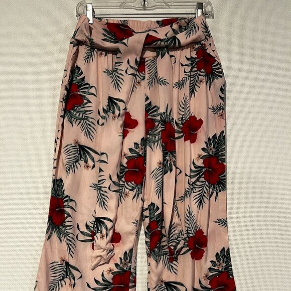 Guess High Waisted Wide Leg Belted Palazzo Pants Pink Floral Print Size Large - Picture 1 of 13